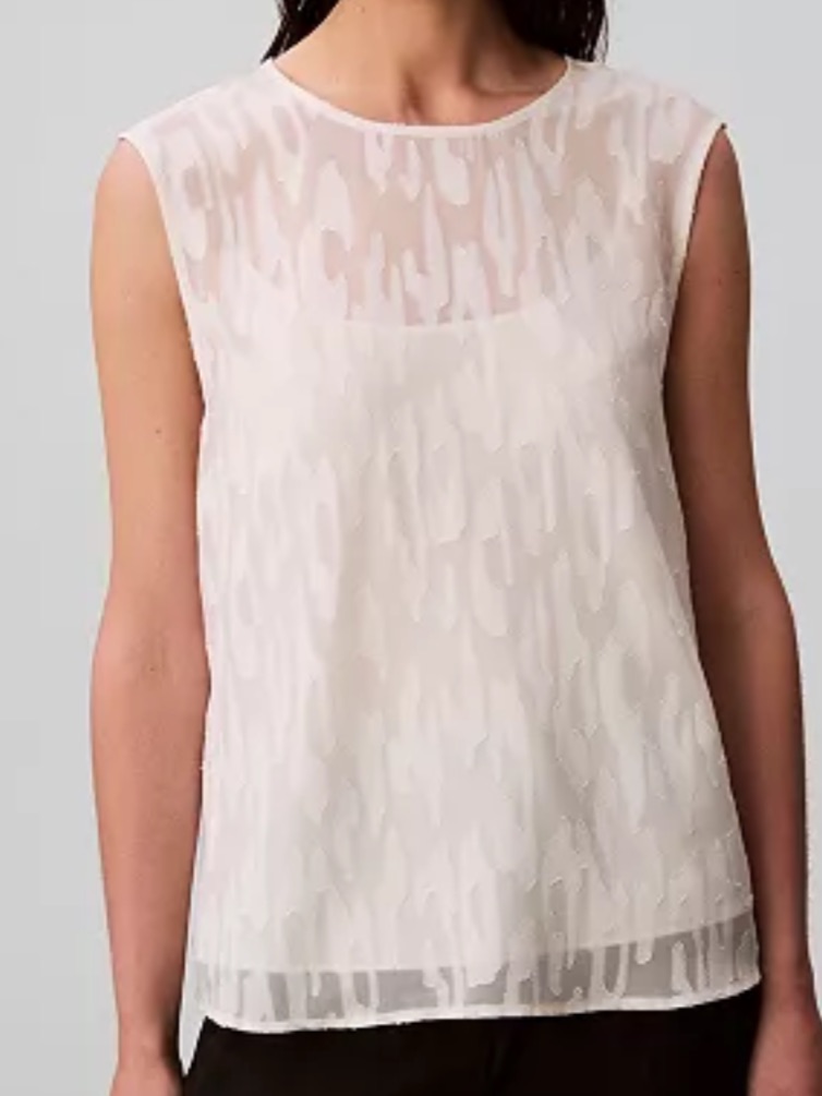 Calvin Klein Women M Cream Printed Side Tie Sleeveless Burnout Blouse Nwt